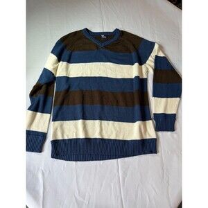 Modern Culture Sweater Mens 2XL‎ Blue White Black Stripe Knit V-Neck Pullover